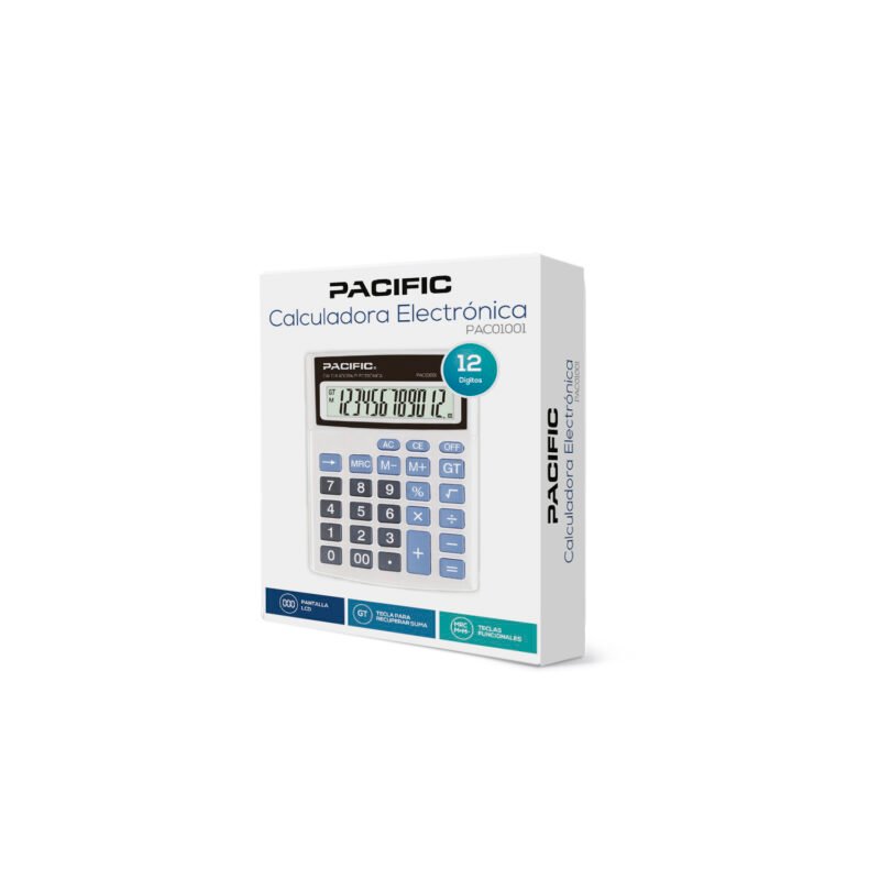 calculadora pacific, 12 digitos, pantalla lcd, tecla de suma, pila lr1130 incluida.