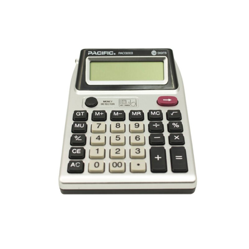 calculadora pacific, 12 digitos, pantalla lcd pila aa incluida, luz uv.