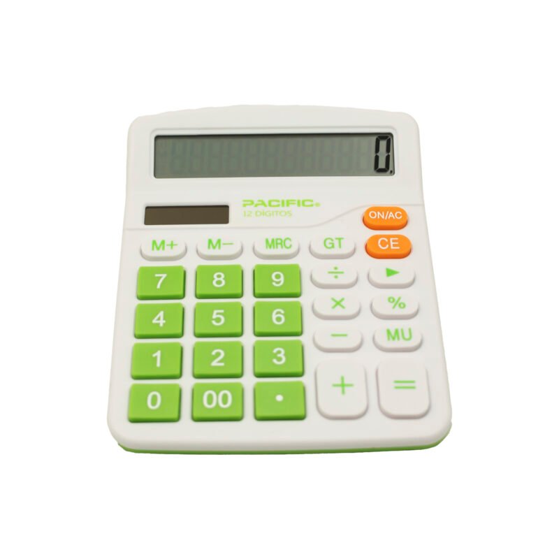 calculadora 12 digitos, funciones basicas, memoria y calculo de cadena. pila aa. green