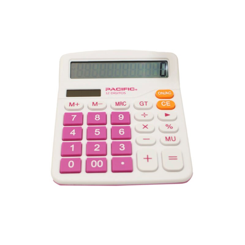 calculadora 12 digitos, funciones basicas, memoria y calculo de cadena. pila aa. pink