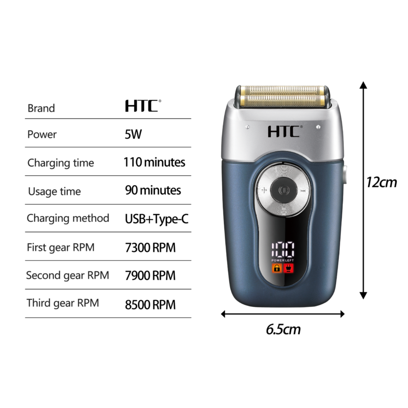 afeitadora inalambrica htc con doble lamina hipoalergenica, control de 3 velocidades, pantalla lcd y recargable tipo c — vista 4