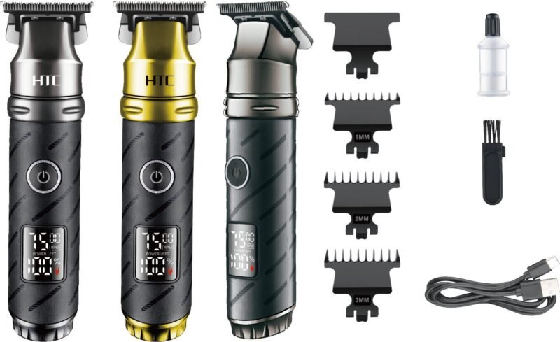 cortadora de pelo htc con doble hoja fija y movil ceramica. bateria 2000 mah, dos velocidades, recargable tipo c. incluye 3 peines, cepillo, base de carga, aceite lubricante, cable de carga usb. — vista 2