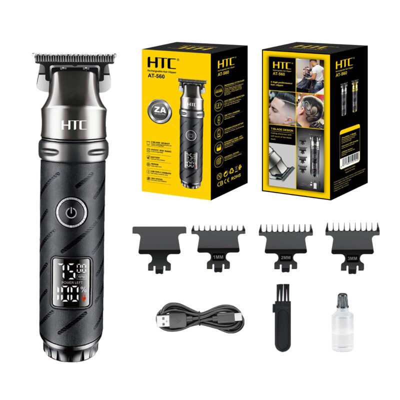 cortadora de pelo htc con doble hoja fija y movil ceramica. bateria 2000 mah, dos velocidades, recargable tipo c. incluye 3 peines, cepillo, base de carga, aceite lubricante, cable de carga usb. — vista 3