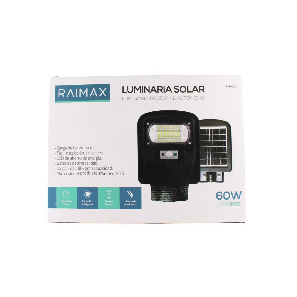 foco solar raimax de 60w de potencia, bateria de 4000mah, 500 600 lumenes, led 5730, proteccion ip65 con control remoto y soporte incluido