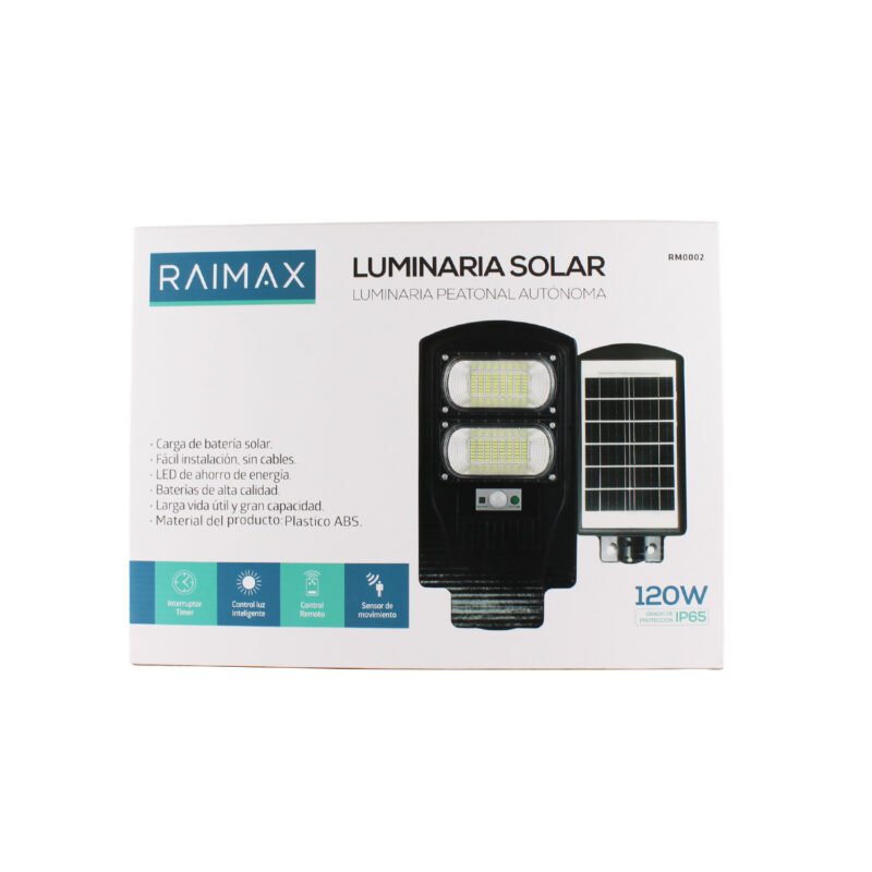 foco solar raimax de 120w de potencia, bateria de 8000mah, 800 1000 lumenes, led 5730, proteccion ip65 con control remoto y soporte incluido — vista 2