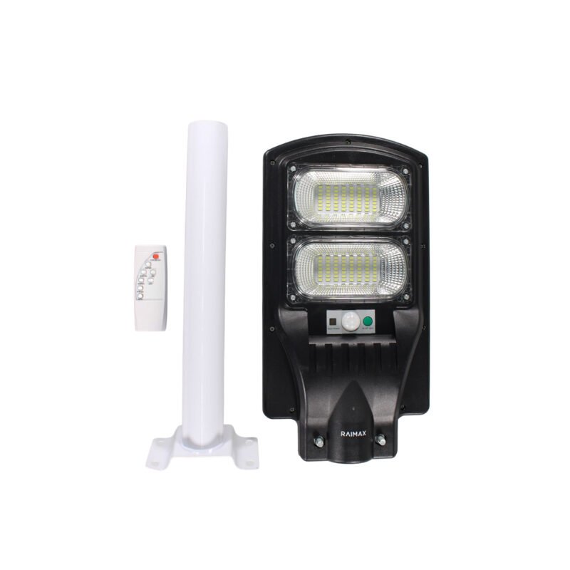 foco solar raimax de 120w de potencia, bateria de 8000mah, 800 1000 lumenes, led 5730, proteccion ip65 con control remoto y soporte incluido
