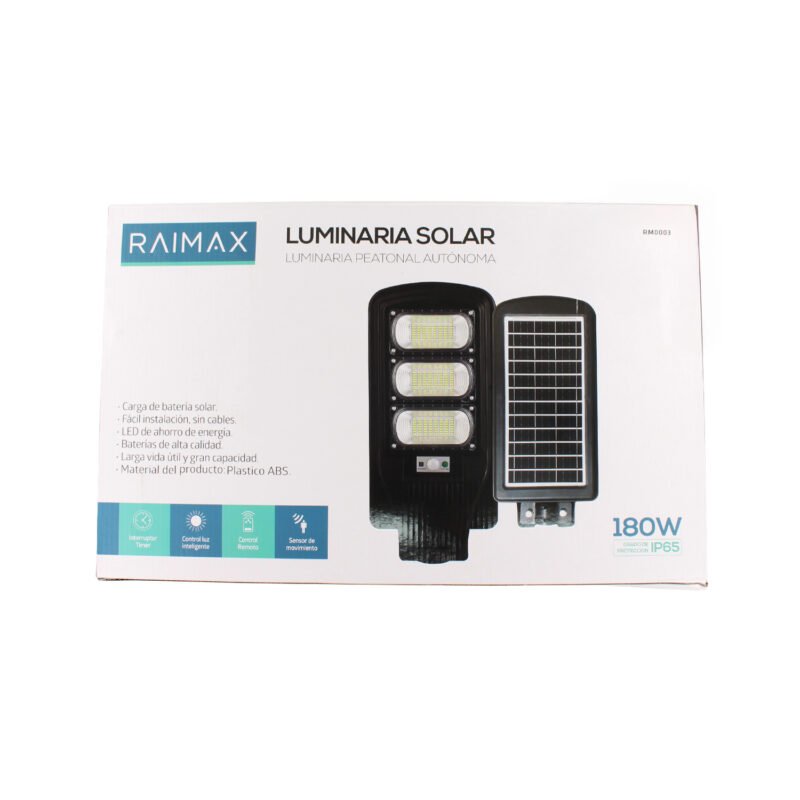 foco solar raimax de 180w de potencia, bateria de 10000mah, 1200 1400 lumenes, led 5730, proteccion ip65 con control remoto y soporte incluido