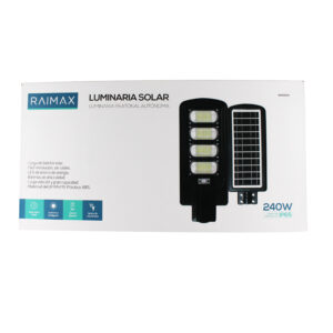 foco solar raimax de 240w de potencia, bateria de 13000mah, 1600 1800 lumenes, led 5730, proteccion ip65 con control remoto y soporte incluido