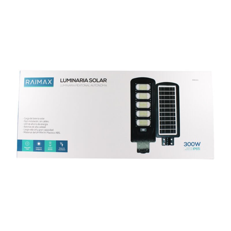 foco solar raimax de 300w de potencia, bateria de 16000mah, 2000 2200 lumenes, led 5730, proteccion ip65 con control remoto y soporte incluido