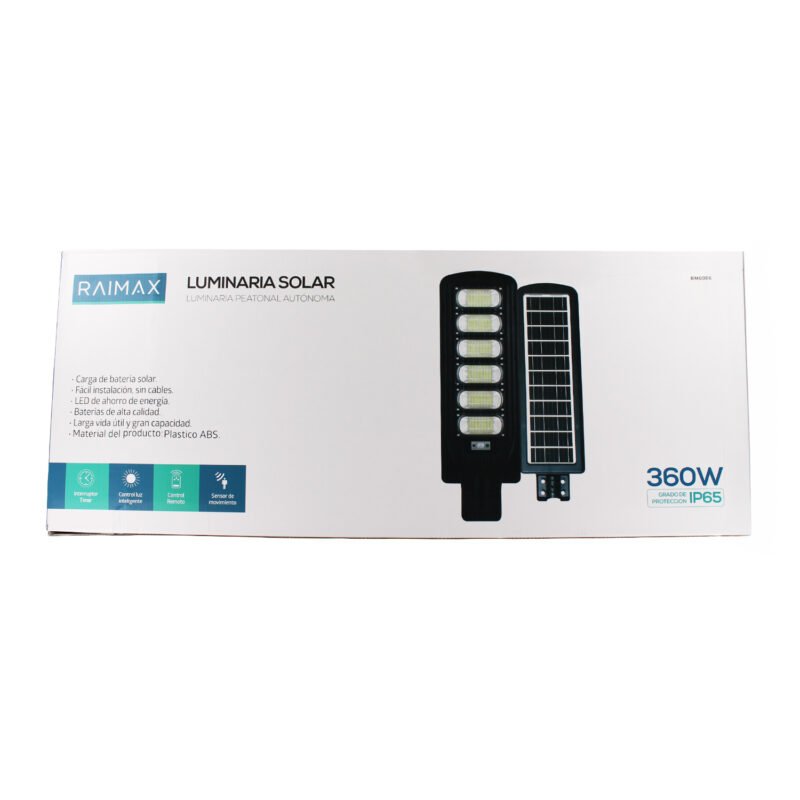 foco solar raimax de 360w de potencia, bateria de 18000mah, 2400 2600 lumenes, led 5730, proteccion ip65 con control remoto y soporte incluido