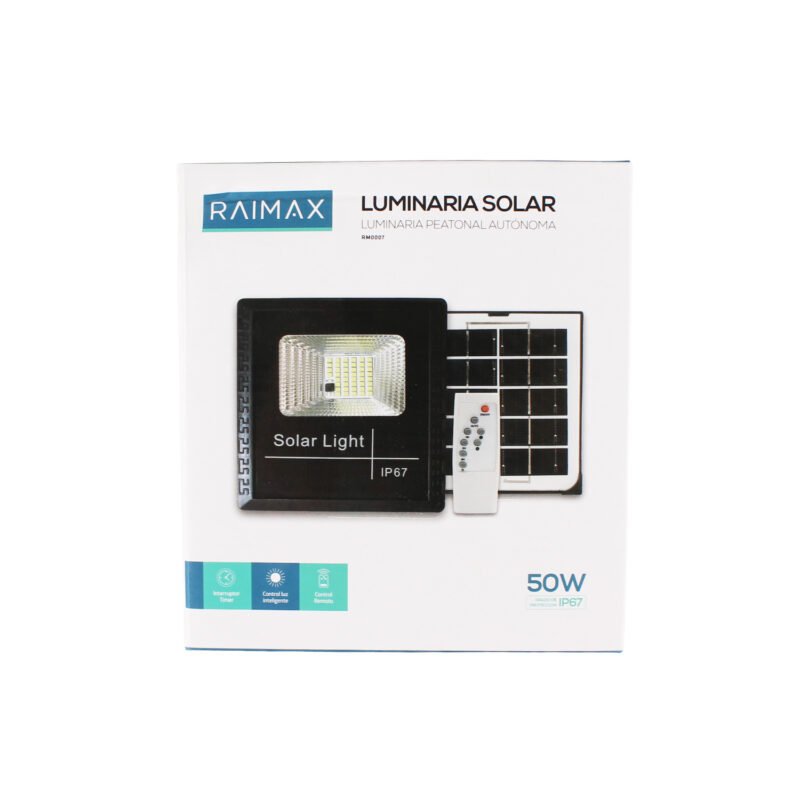 reflector solar raimax de 50w de potencia, bateria de 1200mah, led smd 2835, proteccion ip67 con control remoto incluido