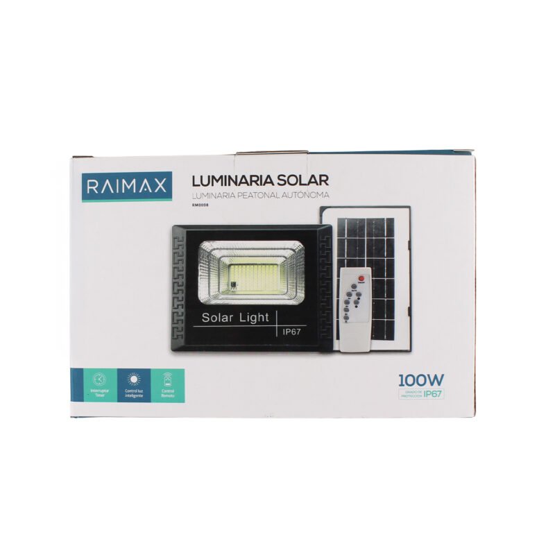 reflector solar raimax de 100w de potencia, bateria de 1500mah, led smd 2835, proteccion ip67 con control remoto incluido
