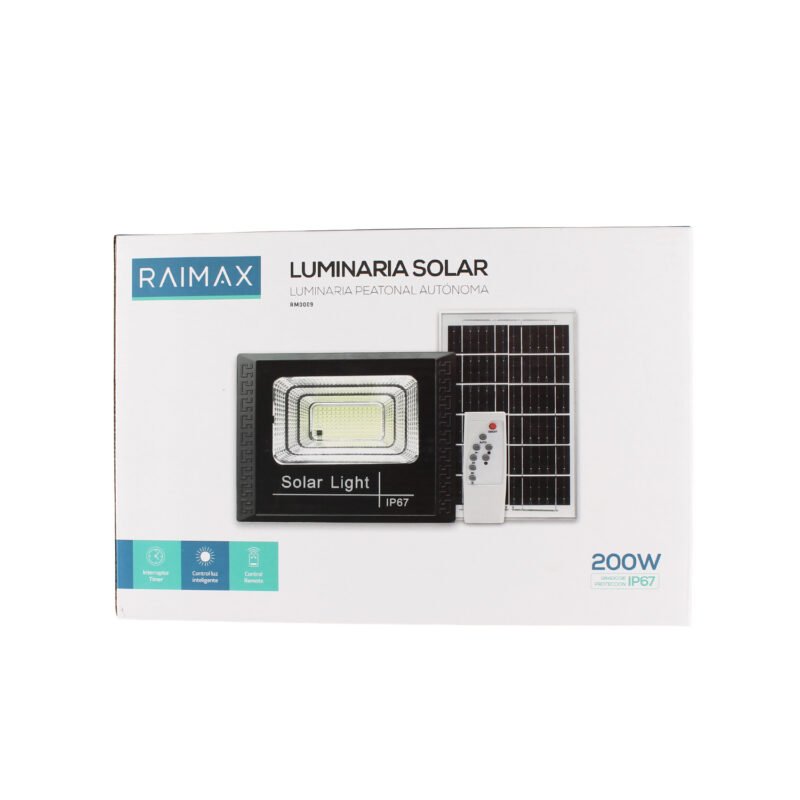 reflector solar raimax de 200w de potencia, bateria de 2500mah, led smd 2835, proteccion ip67 con control remoto incluido