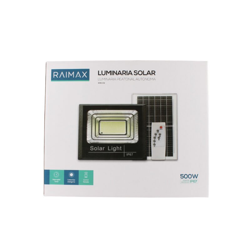 reflector solar raimax de 500w de potencia, bateria de 10000mah, led smd 2835, proteccion ip67 con control remoto incluido