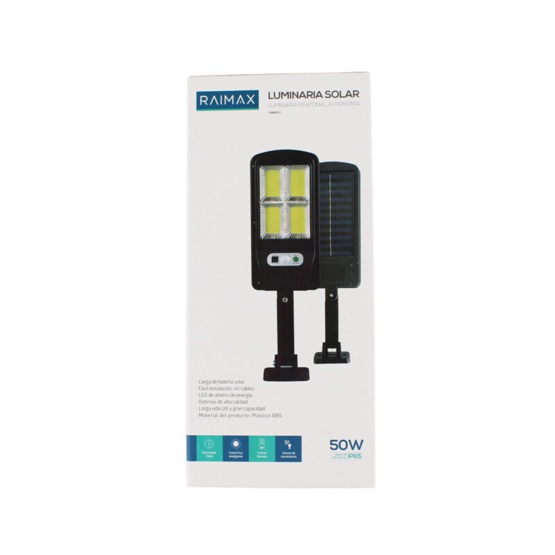 foco solar raimax de 50w de potencia, bateria de 1200mah, proteccion ip65, con sensor de movimiento, 4 paneles led y control remoto incluido