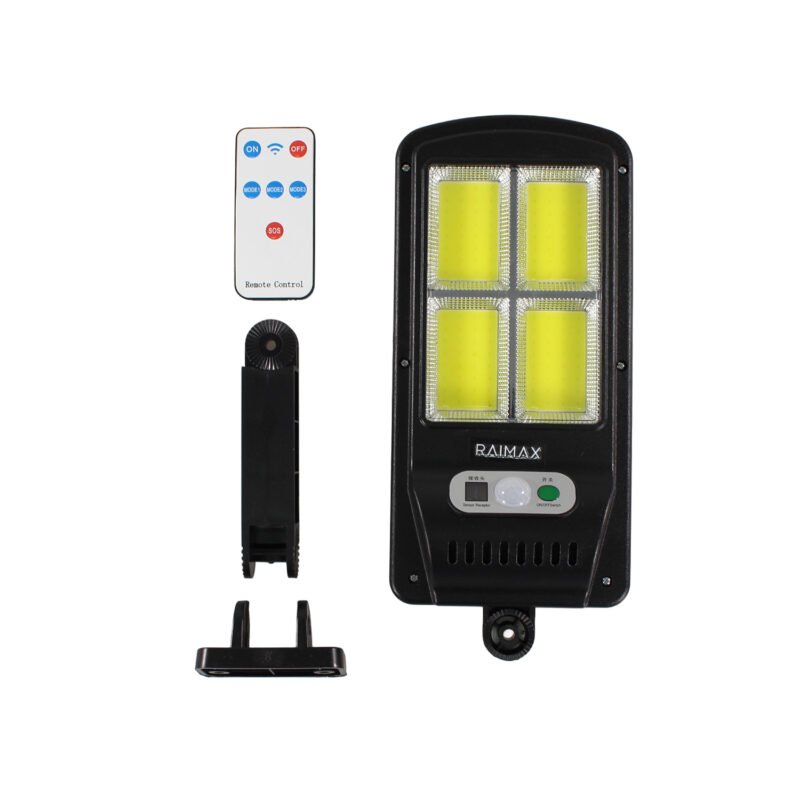foco solar raimax de 50w de potencia, bateria de 1200mah, proteccion ip65, con sensor de movimiento, 4 paneles led y control remoto incluido — vista 2