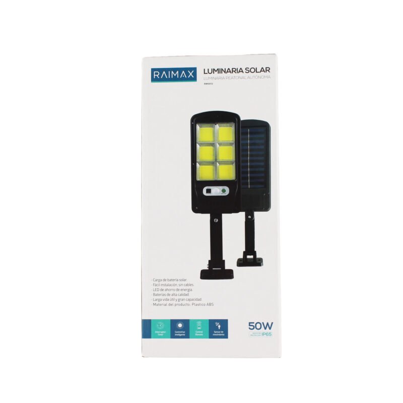 foco solar raimax de 50w de potencia, bateria de 1200mah, proteccion ip65, con sensor de movimiento, 6 paneles led y control remoto incluido