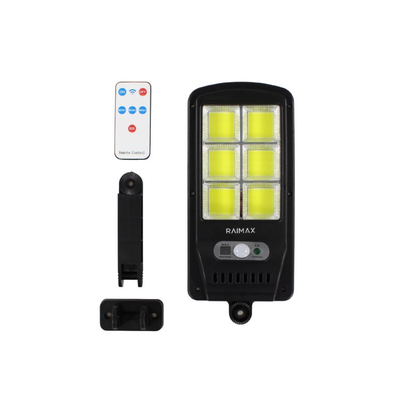 foco solar raimax de 50w de potencia, bateria de 1200mah, proteccion ip65, con sensor de movimiento, 6 paneles led y control remoto incluido — vista 3