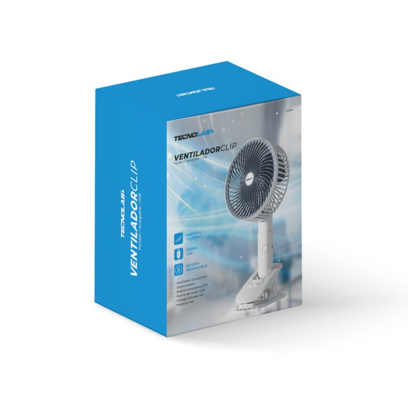ventilador tecnolab clip portatil, bateria recargable 3.7v, 5w entrada, 4w potencia, color, ideal para oficinas.white