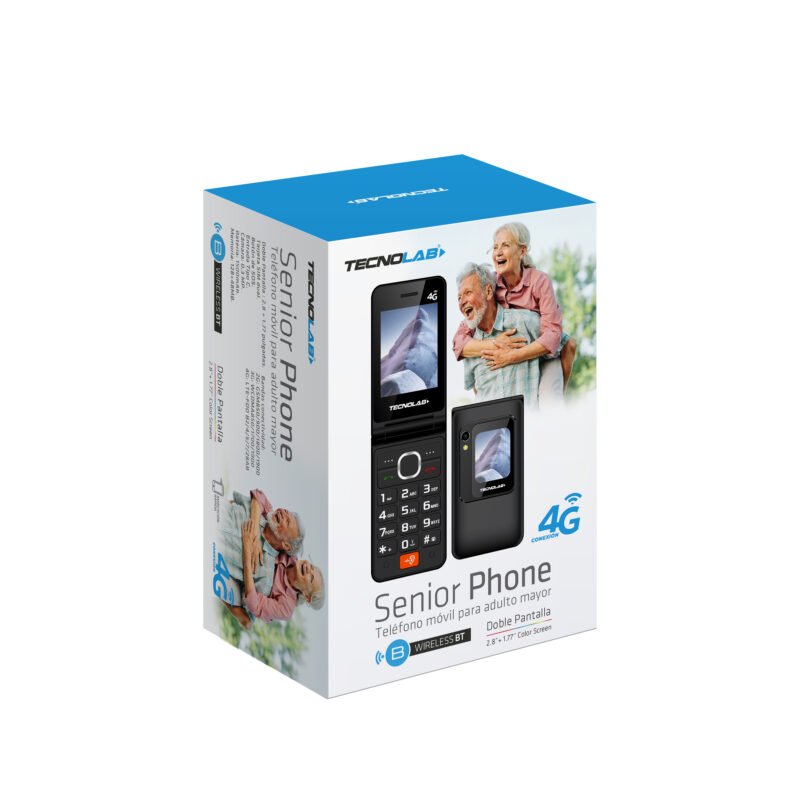 telefono senior 4g, doble pantalla 2.8 y 1.77", sim dual, boton sos, entrada tipo c, camara 0.3mp, bateria 1400mah, memoria 128 + 48mb con potenciador de audio black
