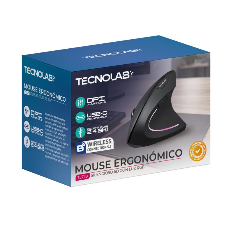 Mouse Vertical Ergonómico Tecnolab Dual BT + 2.4 GHz Recargable