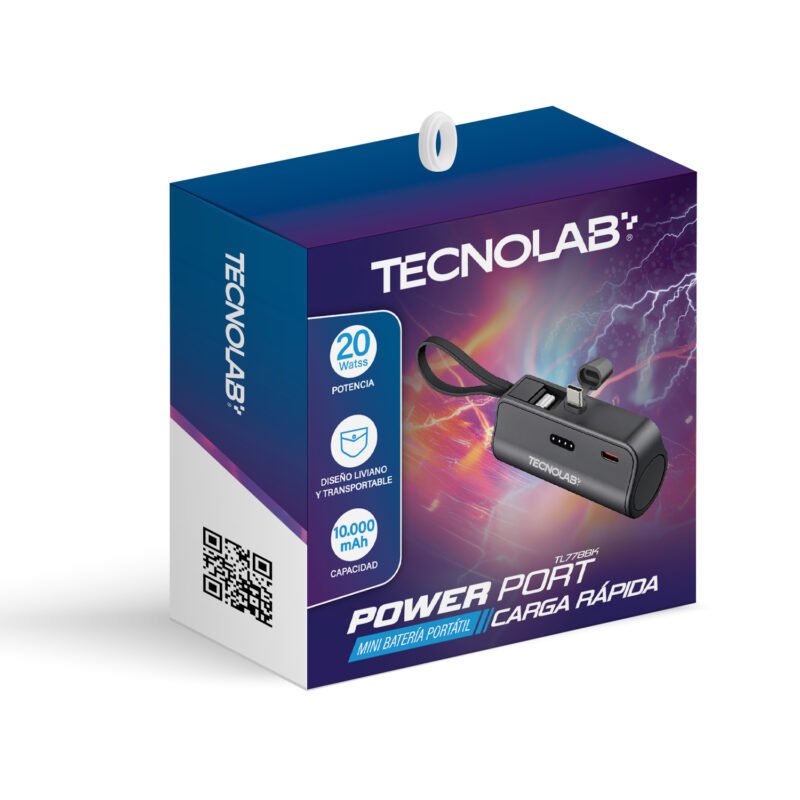 power bank tecnolab usb tipo c y lightning black