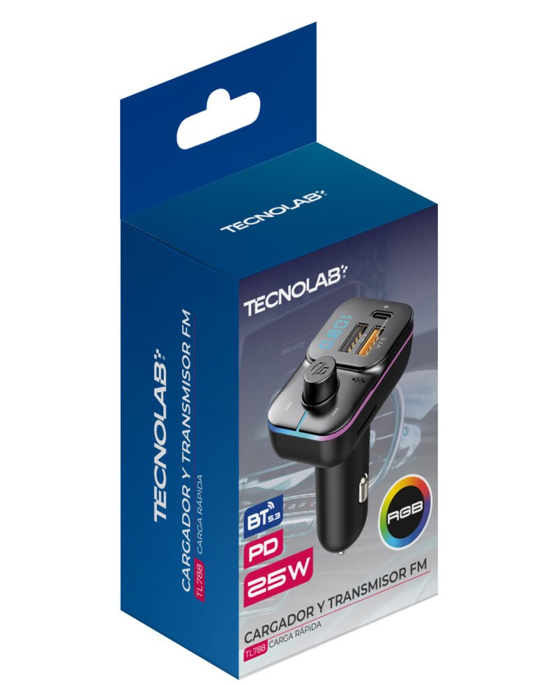 Cargador de Auto con Transmisor FM y Bluetooth 5.3 Tecnolab 25W PD