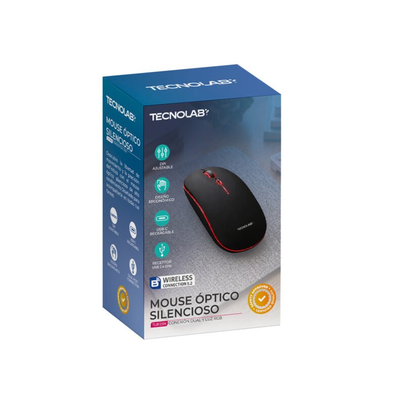 Mouse Óptico Silencioso Tecnolab RGB Dual (Bluetooth 5.2 + 2.4 GHz) Negro