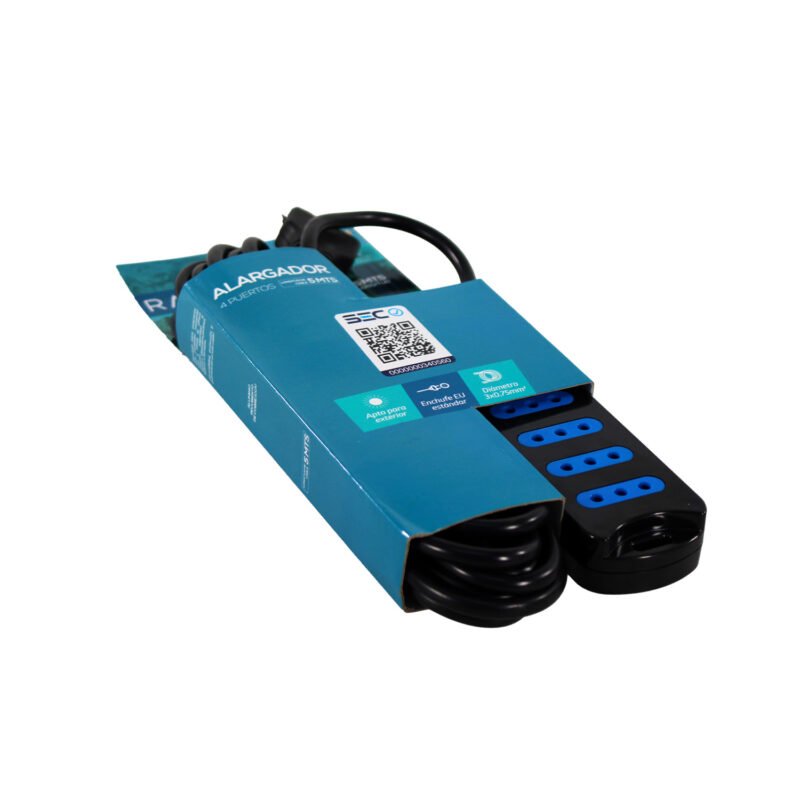 alargador multiple raimax 4 entradas de 5 mts, con certificacion sec. black