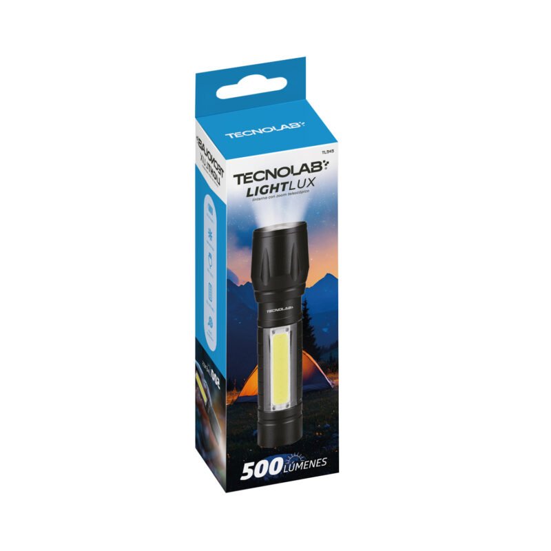 linterna tecnolab zoom telescopico, 3 modos de luz, 300 lumines, cob + xpe led, carga usb, bateria recargable. 9cm.