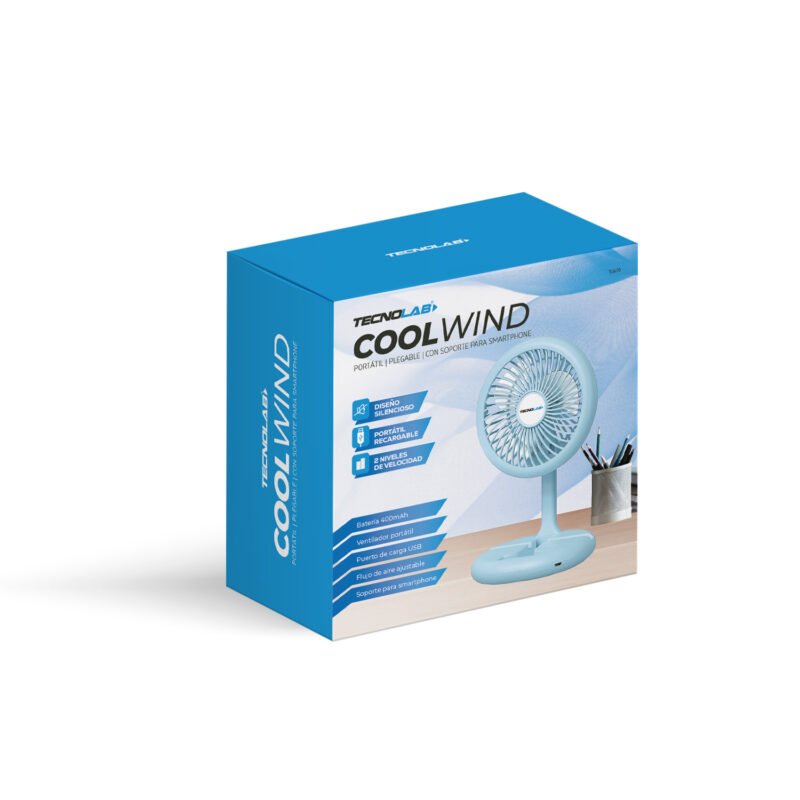 ventilador tecnolab portatil recargable, 2 niveles de velocidad, dc 5v, bateria recargable de 400mah, blue
