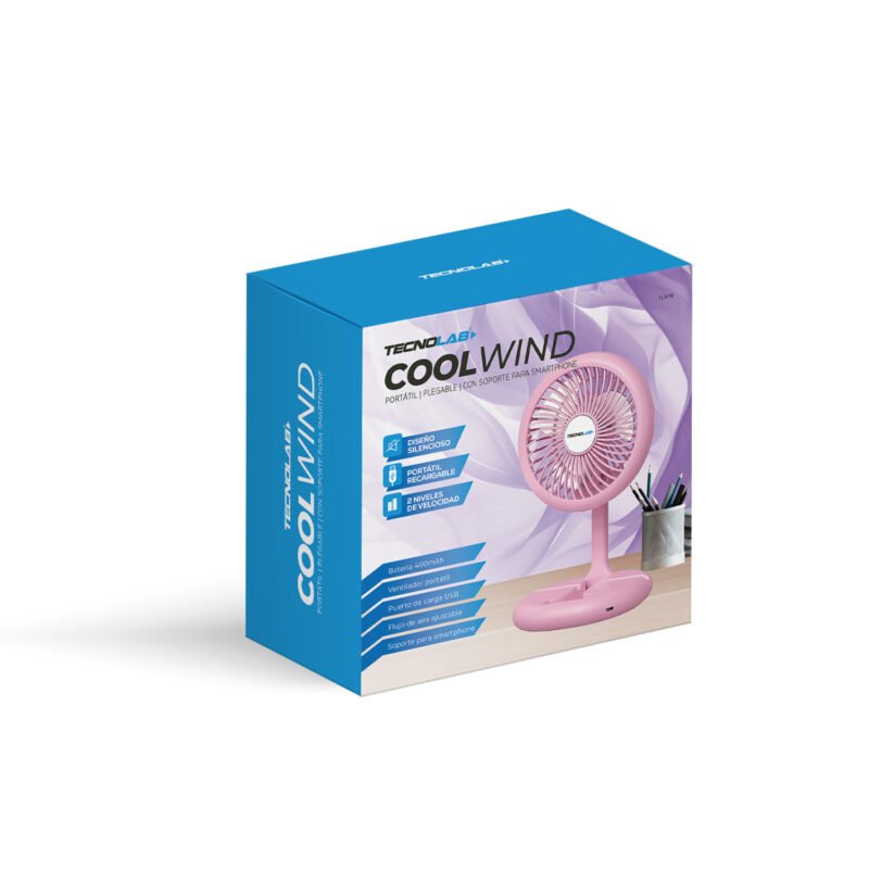 ventilador tecnolab portatil recargable, 2 niveles de velocidad, dc 5v, bateria recargable de 400mah, pink