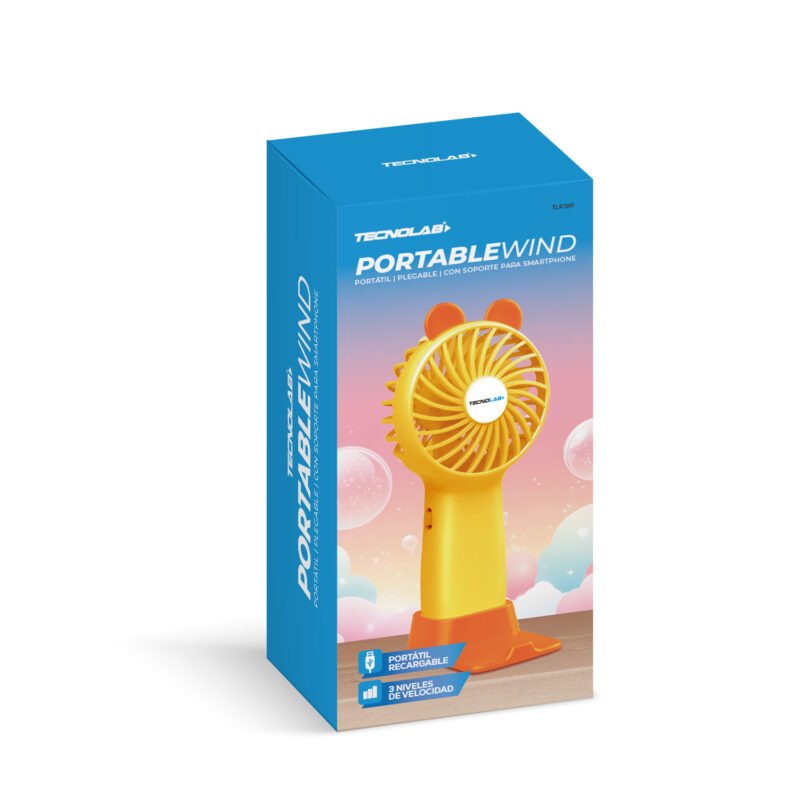 ventilador tecnolab portatil recargable, flujo ajustable, dc 5v 1a, bateria 225mah. orange