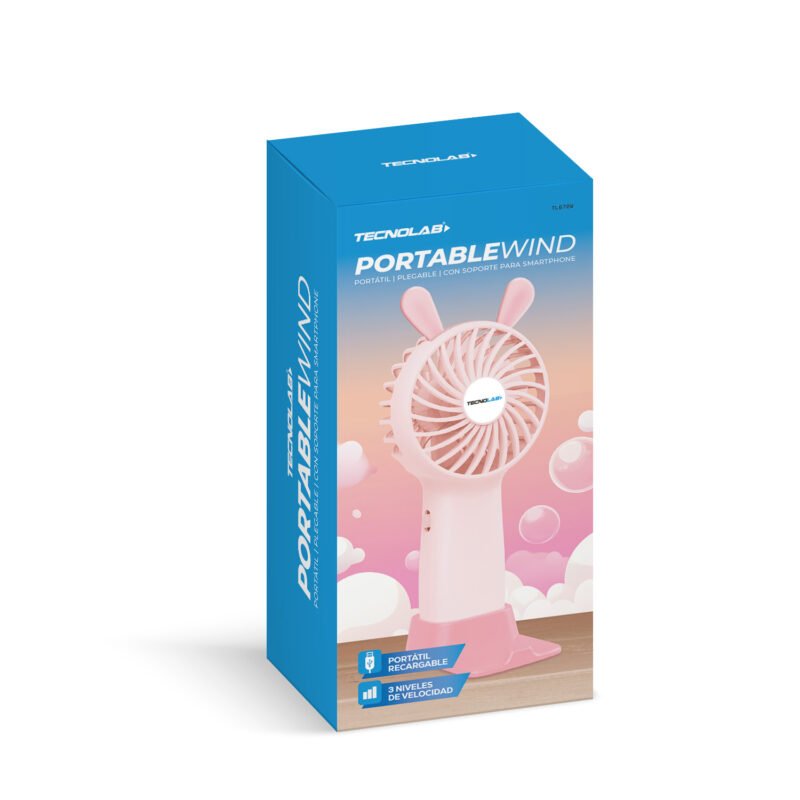 ventilador tecnolab portatil recargable, flujo ajustable, dc 5v 1a, bateria 225mah. pink