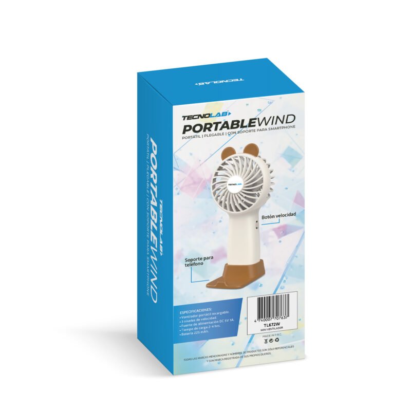 ventilador tecnolab portatil recargable, flujo ajustable, dc 5v 1a, bateria 225mah.white