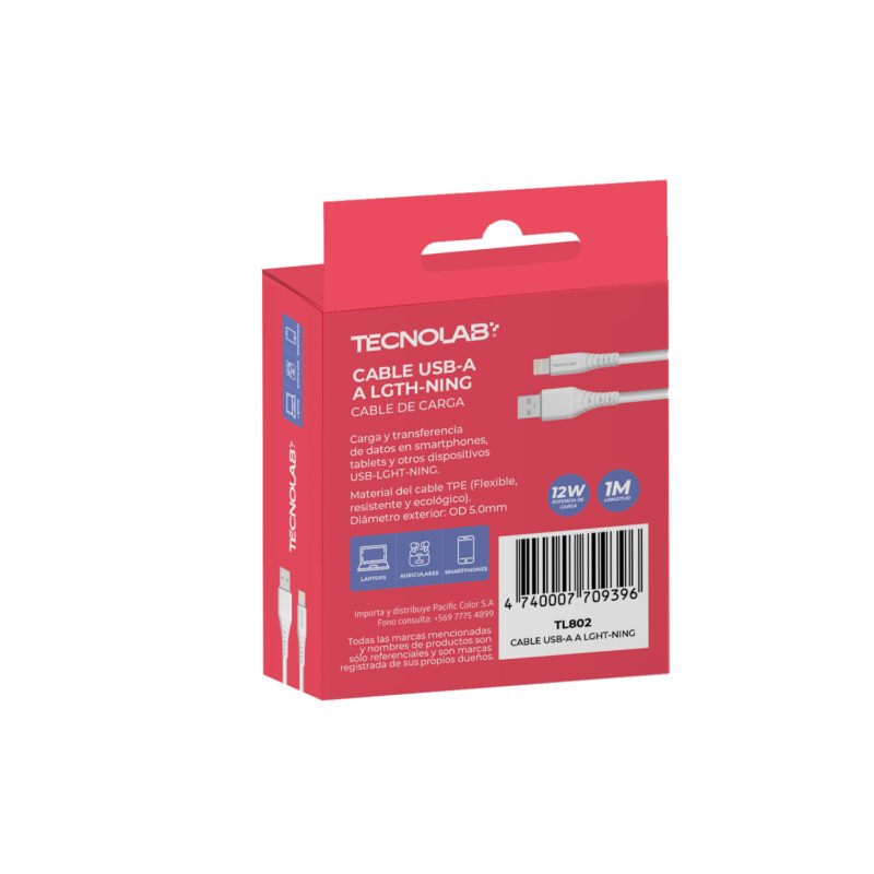 cable tecnolab 12w 2.4a usb a lightning. 1 metro. white — vista 2