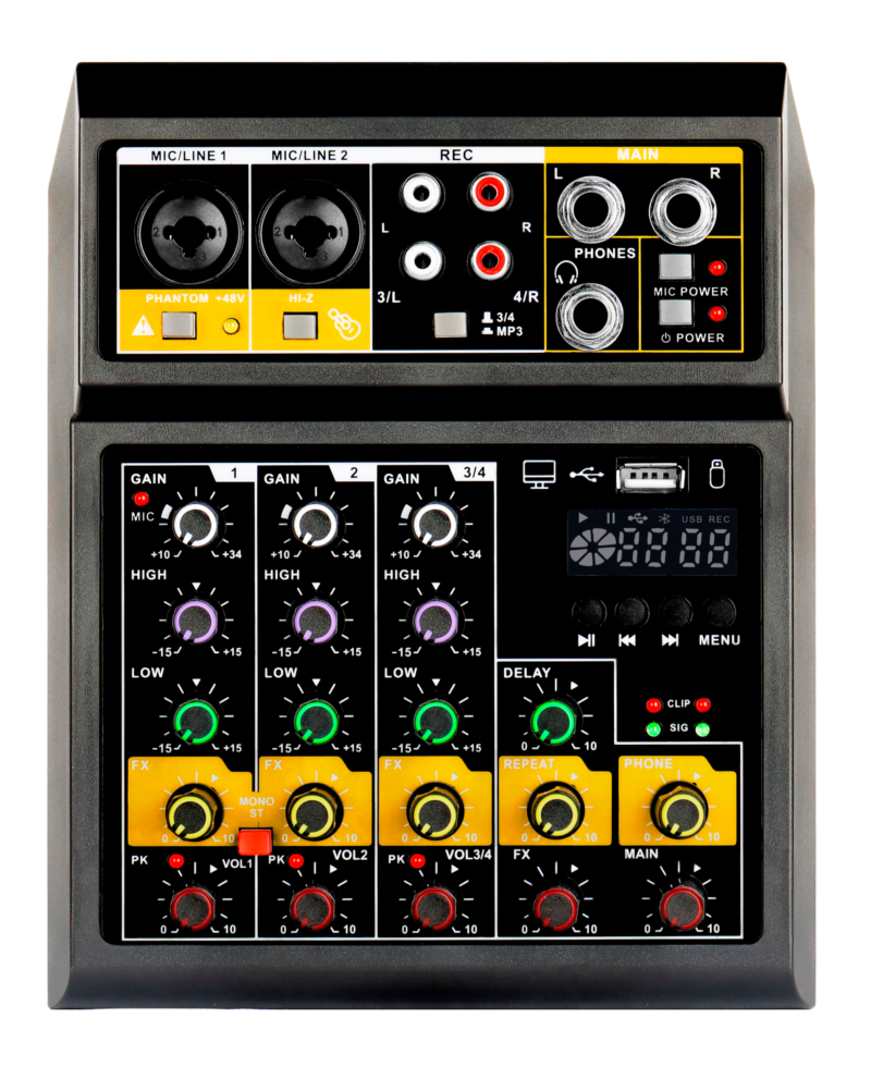Consola Mixer 4 Canales con Interfaz y 2 Micrófonos Inalámbricos AudioPro — vista 2