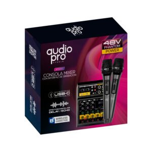 Consola Mixer 4 Canales con Interfaz y 2 Micrófonos Inalámbricos AudioPro