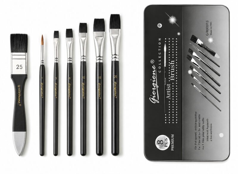 Set 8 Pinceles Giorgione MX001 Pelo Negro y Mango Negro en Estuche Metálico