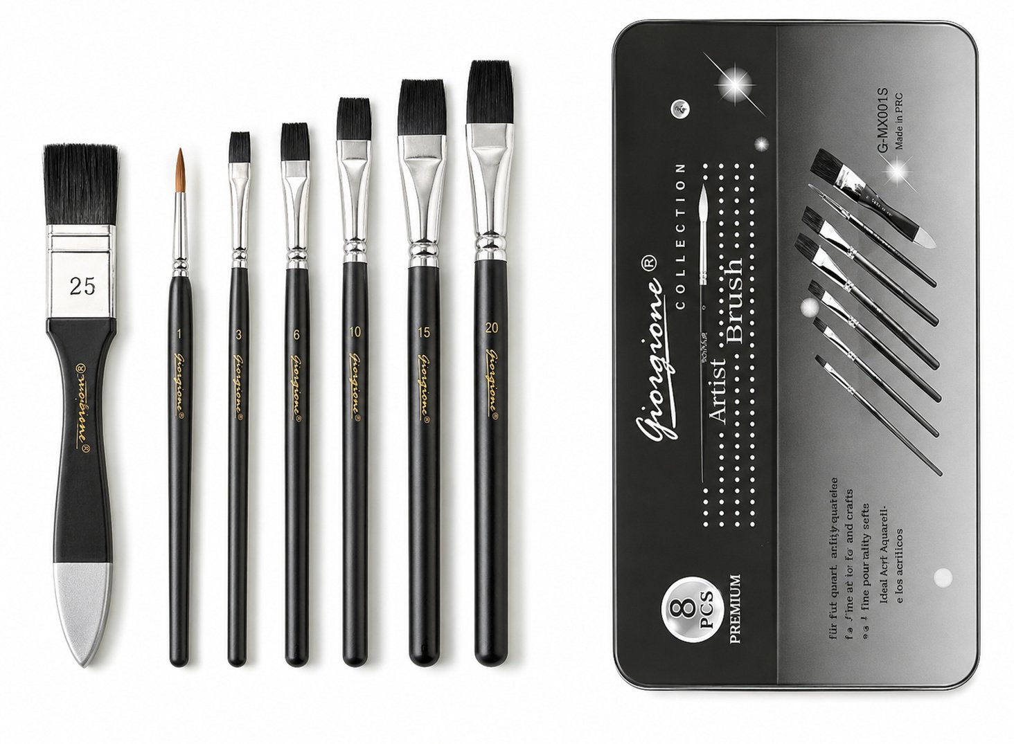 Set 8 Pinceles Giorgione MX001 Pelo Negro y Mango Negro en Estuche Metálico Set 8 Pinceles Giorgione MX001 Pelo Negro y Mango Negro en Estuche Metálico