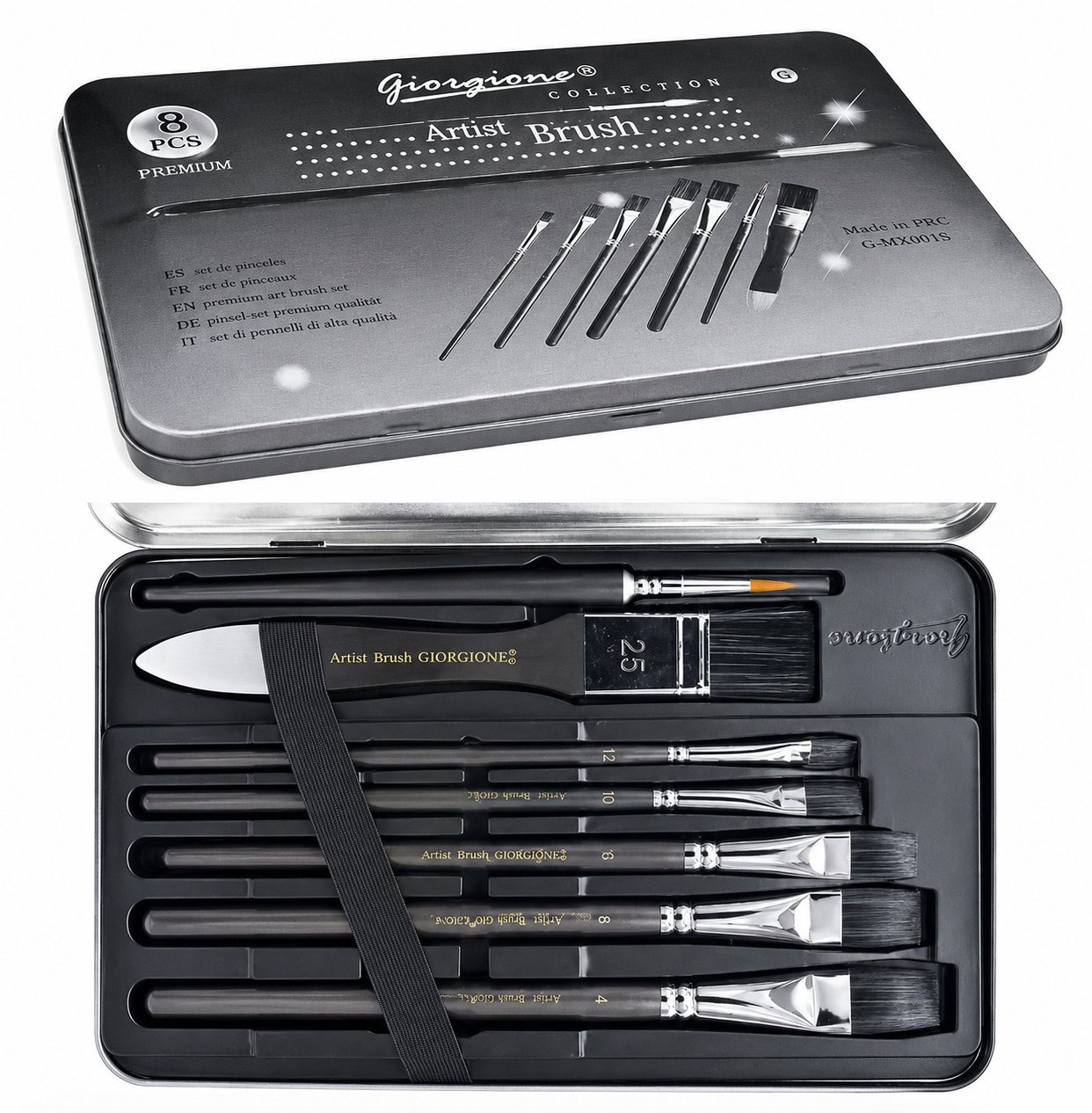 Set 8 Pinceles Giorgione MX001 Pelo Negro y Mango Negro en Estuche Metálico Set 8 Pinceles Giorgione MX001 Pelo Negro y Mango Negro en Estuche Metálico - Imagen 2