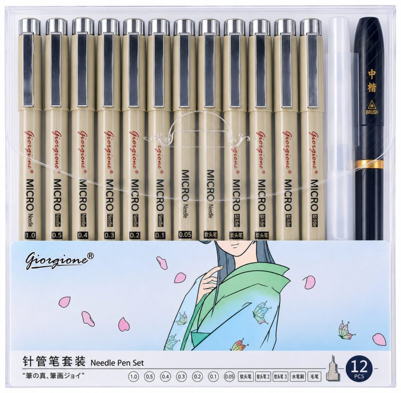 Set 12 Estilógrafos Giorgione ZG012 con 3 Puntas Blandas, Pincel de Agua y Pluma Caligráfica