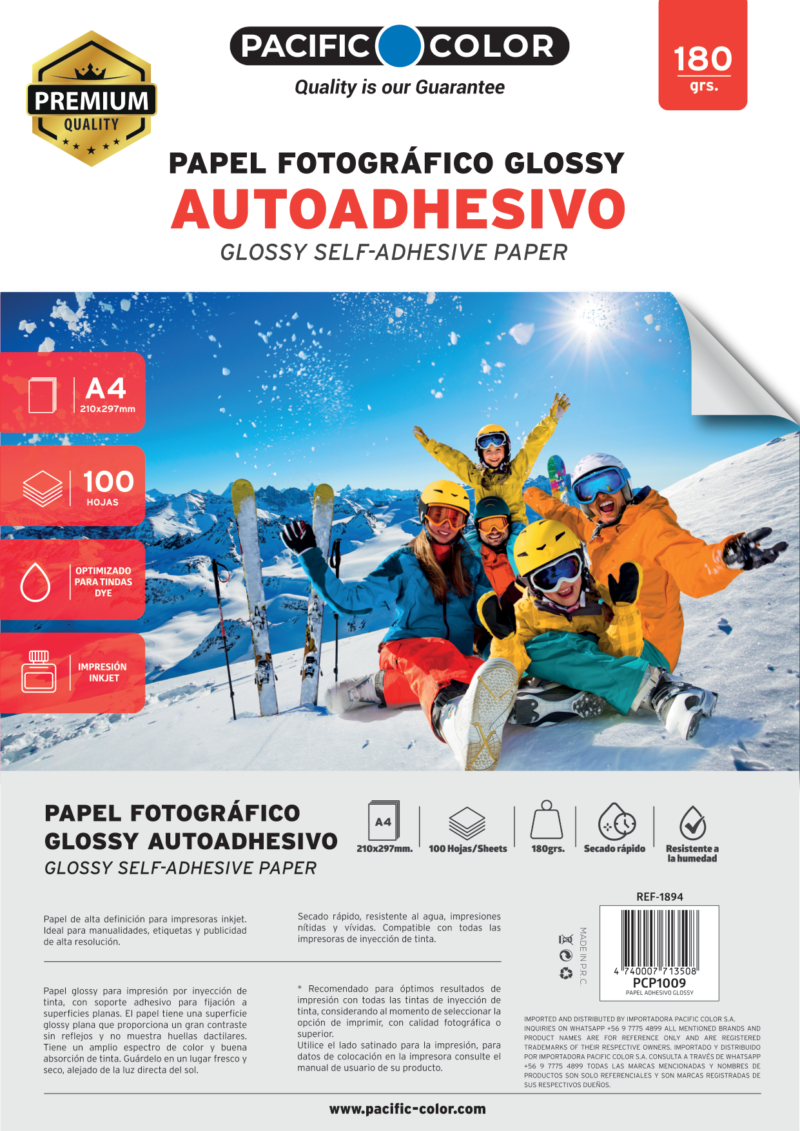 Papel Fotográfico Glossy Autoadhesivo Pacific Color A4 180g (100 Hojas)
