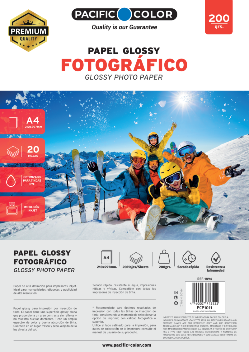 Papel Fotográfico Glossy Brillante Pacific Color A4 de 200g