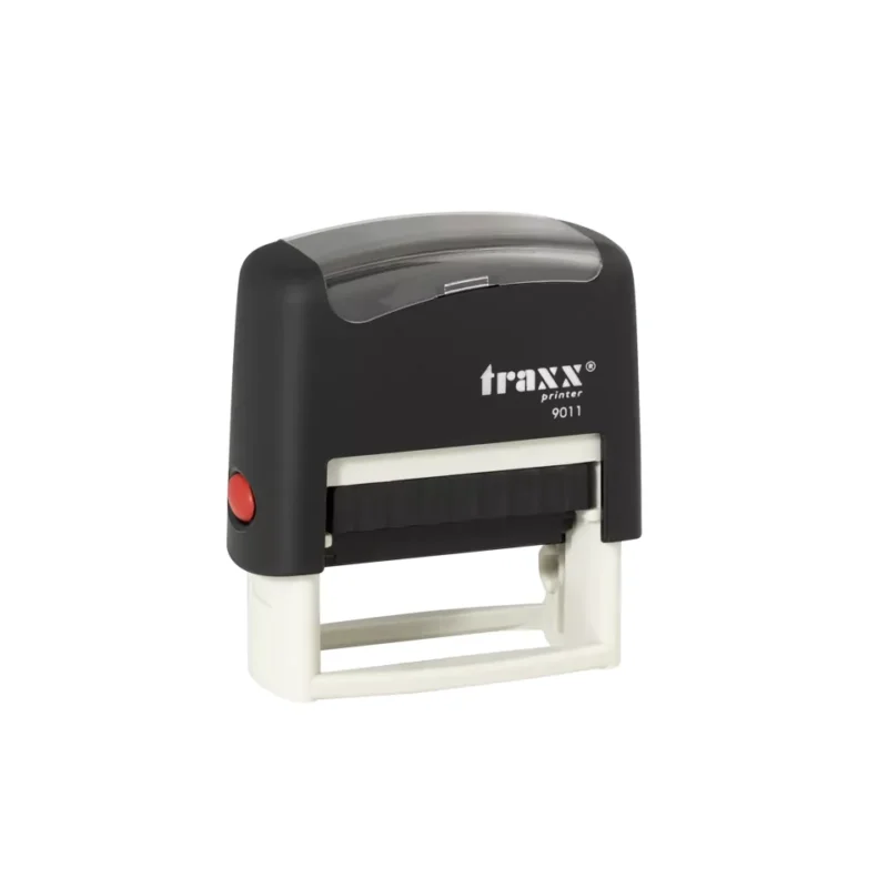 Timbre Autoentintado Personalizable Traxx 9011 · 38 x 14 mm Negro/Rojo
