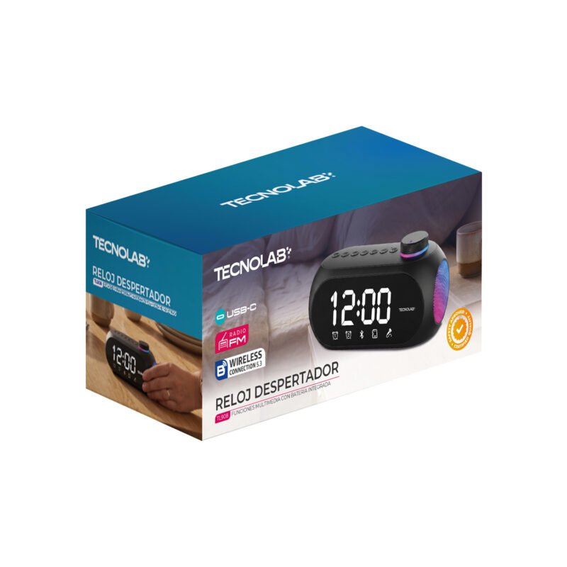 Parlante Bluetooth 5.3 con Reloj Despertador Digital, RGB y Termómetro Tecnolab