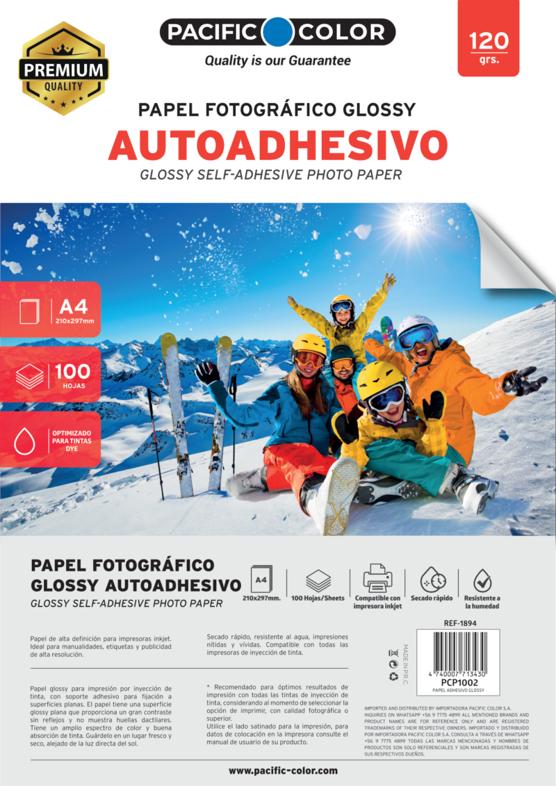 Papel Fotográfico Pacific Glossy Autoadhesivo Tamaño A4 de 100 Hojas (120g)
