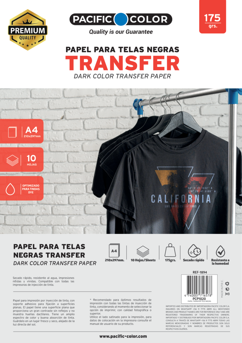 Papel Transfer Textil para Telas Negras y Oscuras Pacific Color A4 de 175g