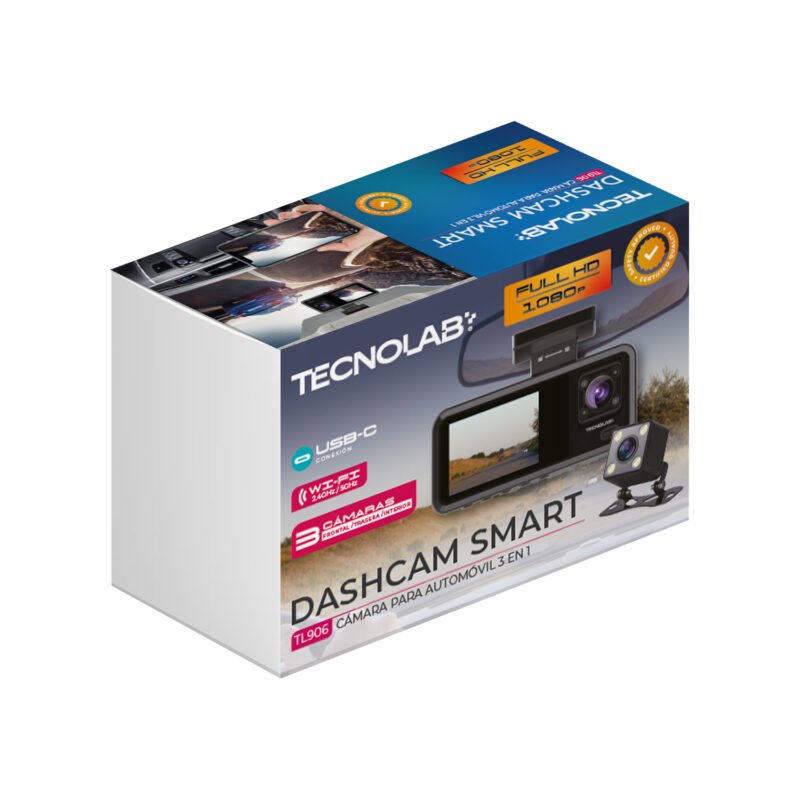 Cámara para Automóvil 3 en 1 Tecnolab Dashcam Smart Full HD con Pantalla IPS 2" y Wi-Fi