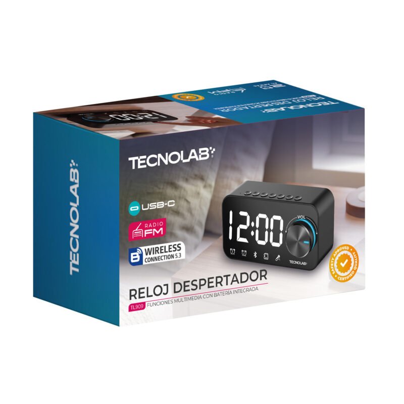 Parlante Bluetooth 5.3 con Reloj Despertador Digital, Alarma Dual y Termómetro Tecnolab